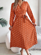 Elasticity Pleated Polka-Dot Split-Joint Tied Waist A-Line High Waisted V-Neck Shirt Dress Midi Dresses