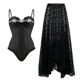 Rhinestone Black One Piece Swimsuit and Skirt Flaxmaker