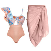 Flaxmaker One Shoulder Solid Color Printed Sexy One Piece Swimsuit