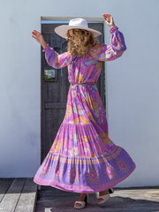 Bohemia Long Sleeves Loose Floral Printed Round-Neck Maxi Dress