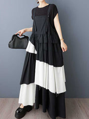 Asymmetric Buttoned Pleated A-Line Loose Spaghetti-Neck Suspender Dress Maxi Dresses