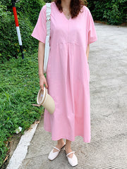 Loose Solid Color V-Neck Pleated With Pockets Midi Dresses