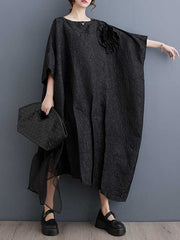 Asymmetric Flower Shape Gauze Jacquard Pleated Solid Color Split-Joint Batwing Sleeves Loose Round-Neck Midi Dresses