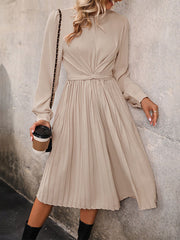 Pleated Solid Color Split-Joint Tied Waist Long Sleeves Loose Round-Neck Midi Dresses