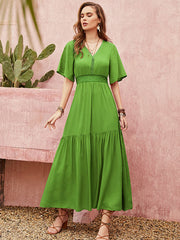 Vacation Half Sleeves Wrap Solid Color V-Neck Maxi Dress
