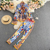 Tie Neck Retro Printed Long Sleeve Shirt and Pants Set Flaxmaker