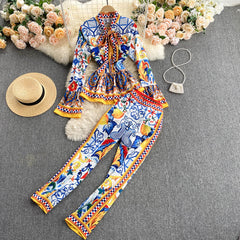 Tie Neck Retro Printed Long Sleeve Shirt and Pants Set Flaxmaker
