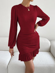 Pleated Ruffle Trim Solid Color Split-Joint Bodycon Long Sleeves Round-Neck Mini Dresses