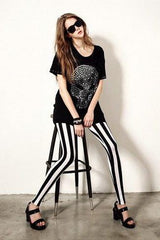 Black and White Thick Vertical Stripes Leggings