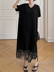 Solid Color Split-Joint Tasseled Loose Short Sleeves V-Neck Midi Dresses