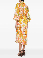 Flower Printed Three-Quarter Sleeves Elegant Midi Dresses