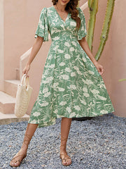 Buttoned Contrast Color Pleated A-Line Half Sleeves V-Neck Midi Dresses