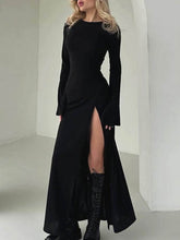 Asymmetric Solid Color Split-Joint Split-Side Long Sleeves Loose Round-Neck Maxi Dresses