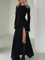 Asymmetric Solid Color Split-Joint Split-Side Long Sleeves Loose Round-Neck Maxi Dresses