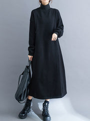 Solid Color A-Line Long Sleeves Mock Neck Midi Dresses