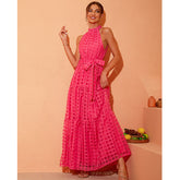 Off Shoulder Plaid Printed Halter Maxi Dress Flaxmaker