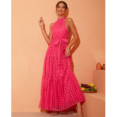 Off Shoulder Plaid Printed Halter Maxi Dress Flaxmaker