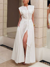 Buttoned Solid Color Split-Side Tied Waist Cap Sleeve Loose Shirt Dress Maxi Dresses