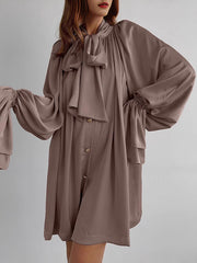 Buttoned Elasticity Pleated Solid Color Tied Zipper A-Line Flared Sleeves Stand Collar Mini Dresses