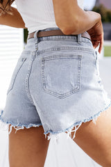 Fashion Street Solid Ripped Mid Waist Denim Shorts