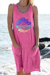 Fashion Casual Print Pocket O Neck Straight Dresses(4 Colors)