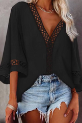 Casual Solid Hollowed Out Patchwork V Neck Tops Blouses(3 Colors)