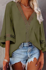 Casual Solid Hollowed Out Patchwork V Neck Tops Blouses(3 Colors)