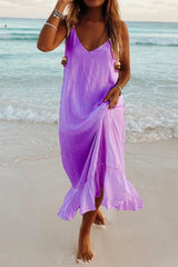 Fashion Simplicity Solid Patchwork V Neck Beach Dresses(5 Colors)