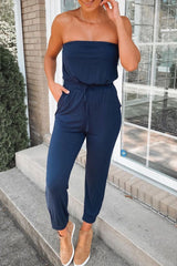 Fashion Street Solid Patchwork Strapless Jumpsuits(3 colors)