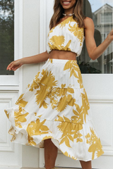 Fashion Casual Print Patchwork Flounce Oblique Collar Sleeveless Two Pieces