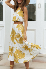 Fashion Casual Print Patchwork Flounce Oblique Collar Sleeveless Two Pieces