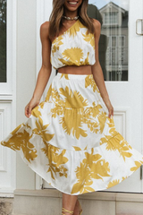 Fashion Casual Print Patchwork Flounce Oblique Collar Sleeveless Two Pieces