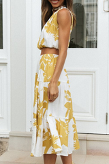 Fashion Casual Print Patchwork Flounce Oblique Collar Sleeveless Two Pieces