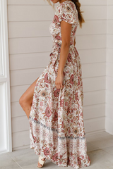 Fashion Elegant Print Floral Frenulum Slit V Neck A Line Dresses