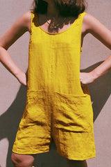 Casual Solid Patchwork Pocket O Neck Straight Rompers