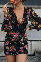 Fashion Street Print Split Joint V Neck Pleated Dresses(3 colors)