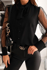 Elegant Patchwork Buckle See-through Mesh Ribbon Collar Tops