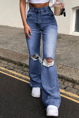Fashion Casual Solid Ripped High Waist Straight Jeans(3 Colors)