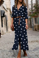 Casual Polka Dot Buckle Slit Turndown Collar Shirt Dress Dresses (Without Belt)