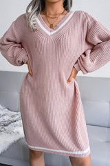 Casual Striped Split Joint Contrast V Neck A Line Dresses Sweater (Without Belt)