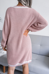 Casual Striped Split Joint Contrast V Neck A Line Dresses Sweater (Without Belt)