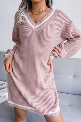 Casual Striped Split Joint Contrast V Neck A Line Dresses Sweater (Without Belt)