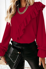 Fashion Elegant Solid Split Joint Flounce O Neck Tops(4 colors)