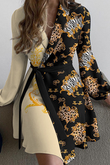 Fashion Casual Print Solid Patchwork With Belt Turndown Collar A Line Dresses(5 Colors)