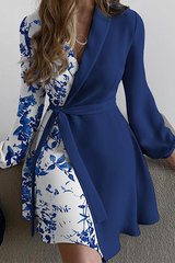 Fashion Casual Print Solid Patchwork With Belt Turndown Collar A Line Dresses(5 Colors)