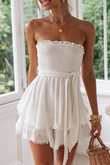 Fashion Sweet Solid Flounce With Belt Strapless A Line Dresses