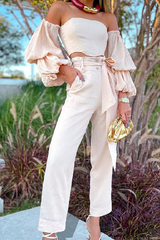 Fashion Elegant Solid Split Joint With Belt Strapless Long Sleeve Two Pieces