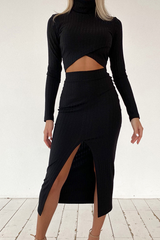 Fashion Casual Slit Turtleneck Long Sleeve Two Pieces(4 Colors)