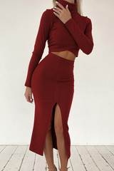 Fashion Casual Slit Turtleneck Long Sleeve Two Pieces(4 Colors)