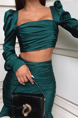 Sexy Solid Flounce Square Collar Long Sleeve Two Pieces